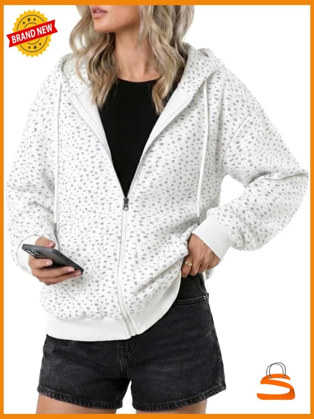 Floral Waffle Zip Up Hoodie 100% Cotton Y2K Sweatshirt with Pockets
